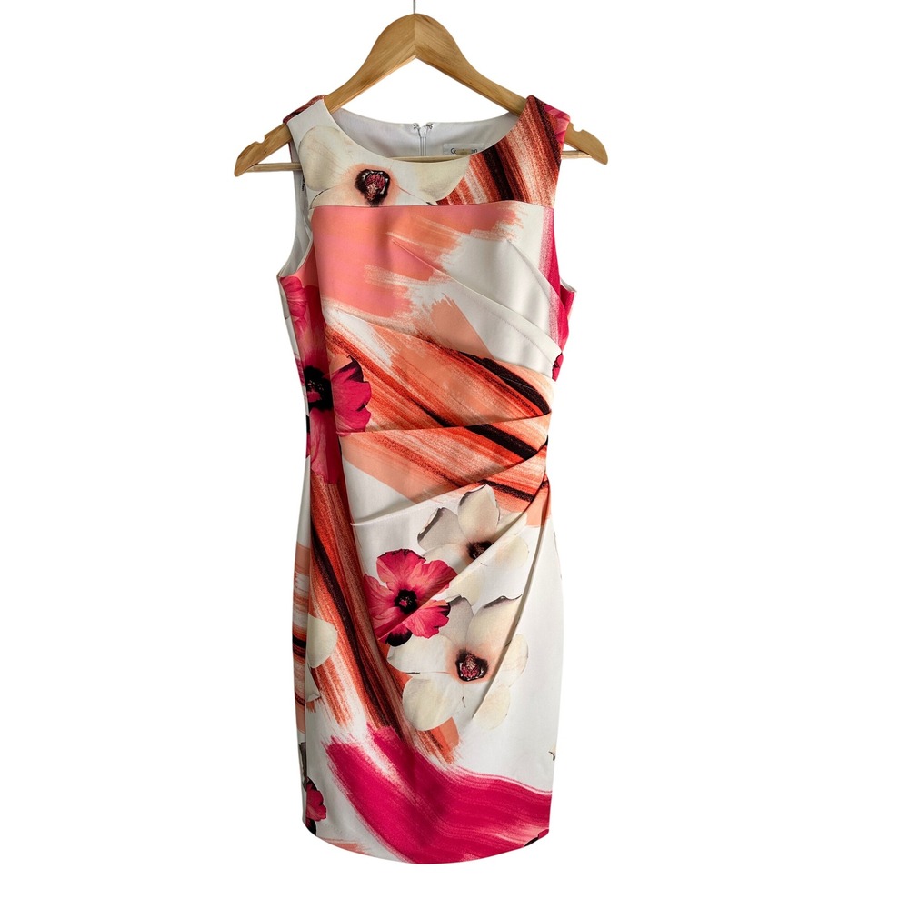 Calvin Klein Floral Abstract Sheath Dress Pink Orange Sleeveless Size 4 Cocktail